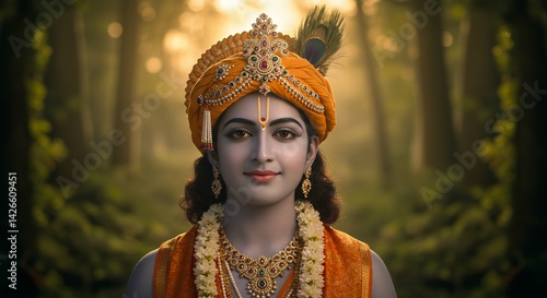 Man in Traditional Attire, Smiling, in a Forest Setting.