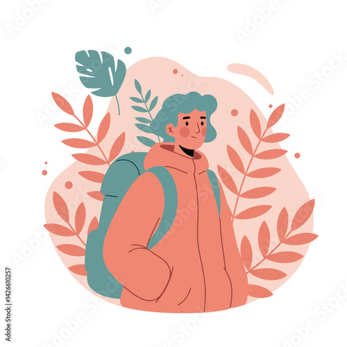 Young backpacker with teal hair wearing orange jacket surrounded by autumn leaves vector illustration 