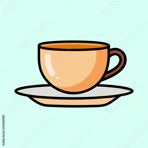 A charming cartoon coffee cup and saucer against a light blue backdrop