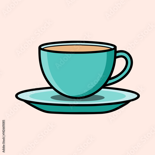 Minimalist teal coffee cup and saucer illustration on a pale pink background