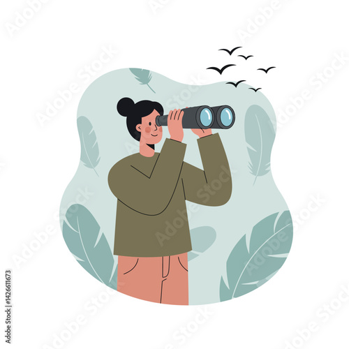 Woman holding binoculars while observing birds in nature landscape with foliage and flying birds vector illustration 