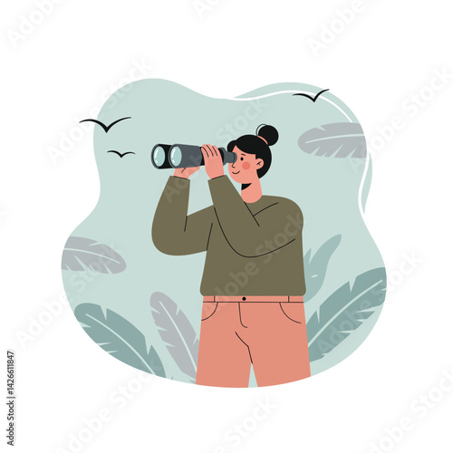 Woman looking through binoculars with birds and tropical leaves outdoor exploration vector illustration 