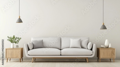 Contemporary scandi interior, light gray sofa, wall matched flush doors, long oak console, ambient indirect lighting, full calm layout