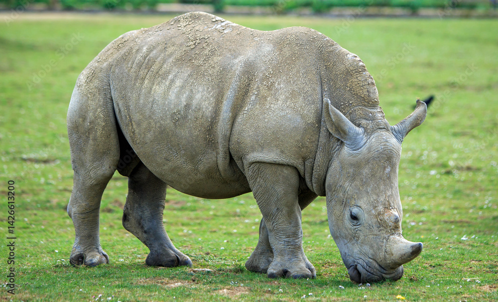 Close up viw of a full bodied White Rhinoceros - also known as square lipped due to the shapr of its mouth. The Rhino is browsing on lush green grass, slight motion blur on tip of horn Close up viw of a full bodied White Rhinoceros - also known as square lipped due to the shapr of its mouth. The Rhino is browsing on lush green grass, slight motion blur on tip of horn
