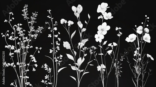 Monochromatic botanical illustration featuring various white flowers and plants on black background