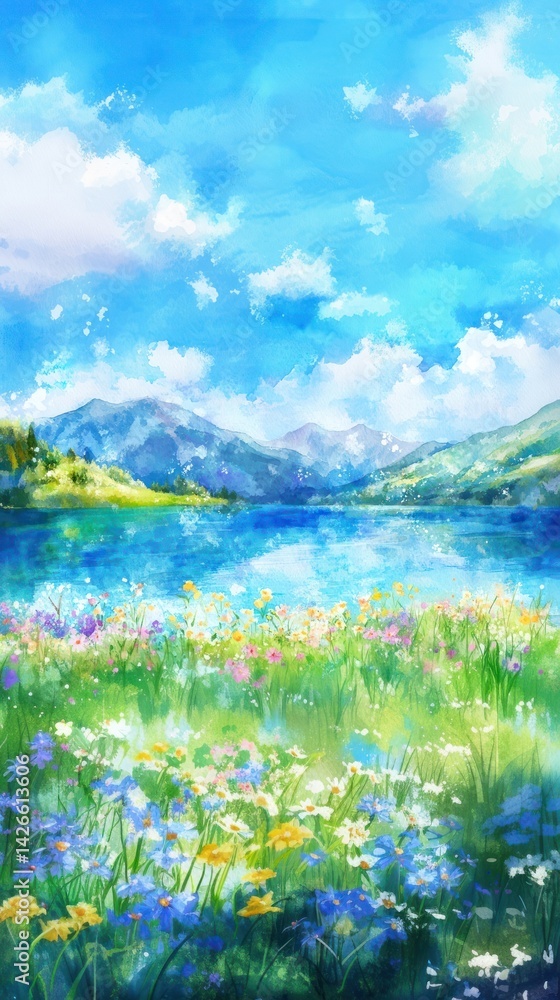 Naklejka premium Lake landscape flower beautiful painting.