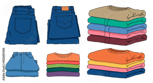 Stacks of neatly folded clothes: blue jeans and crew neck sweaters in a rainbow of solid colors.