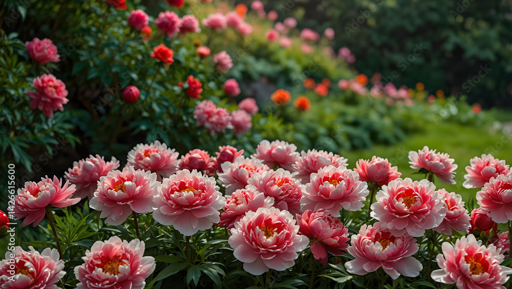 Row of Vibrant Peony Flowers in Full Bloom Row of Vibrant Peony Flowers in Full Bloom