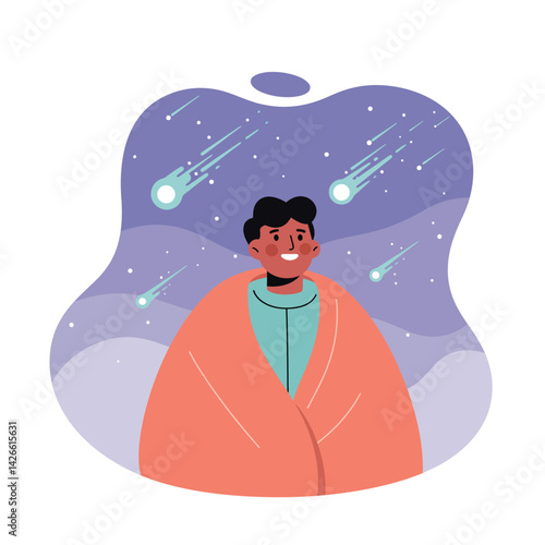 Young man wrapped in warm blanket watching shooting stars in night sky under meteor shower vector illustration 