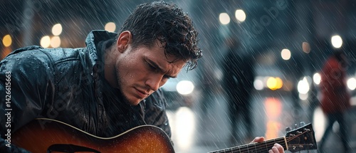 A street musician plays the guitar in the rain, with people walking through the city streets around them