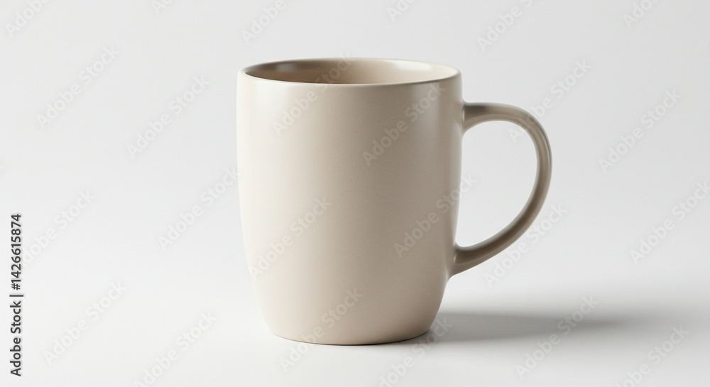 Fototapeta premium Minimalist beige ceramic mug with a simple handle, isolated on a white background, casting a soft shadow.