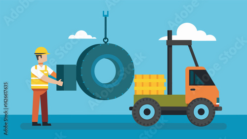 A worker operating a forklift to hoist a large tire onto a flatbed truck ready to be taken to a maintenance shop for repairs.. Vector illustration