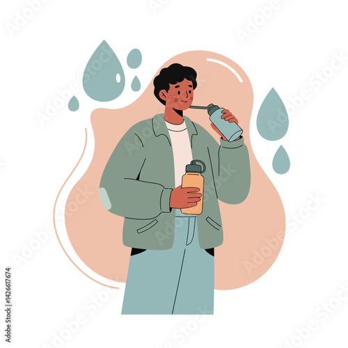 Young man drinking water from bottle with casual outfit and relaxed posture in vector illustration 