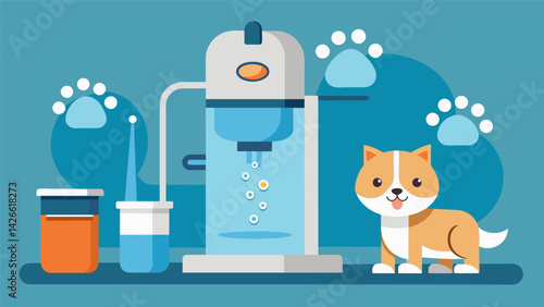 A feeding station with a builtin purifier that filters out impurities and contaminants from tap water providing pets with clean and healthy drinking. Vector illustration