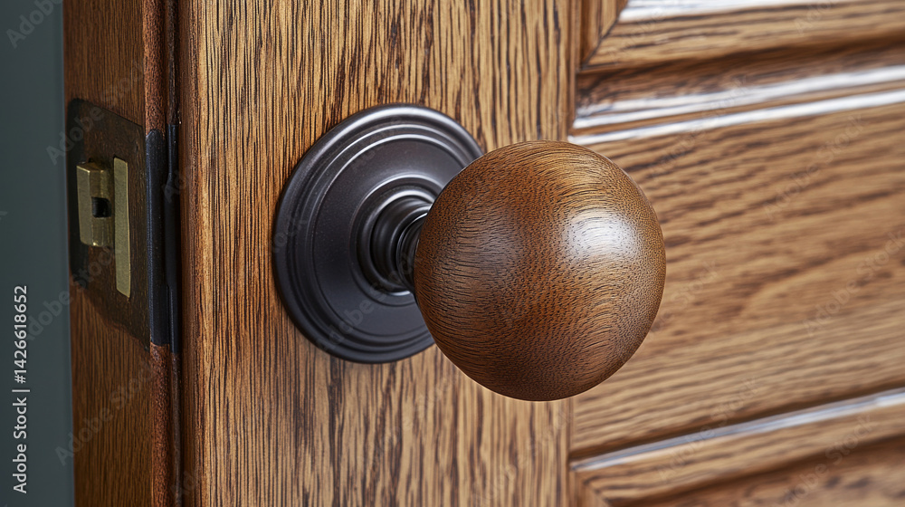 Fototapeta premium Close-up of a wooden doorknob caught in the act of opening or closing a door