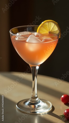 Wallpaper Mural Chilled orange-pink cocktail with ice cubes in a coupe glass, served on a wooden surface with soft light, combining elegance, simplicity, and refreshing appeal. Torontodigital.ca
