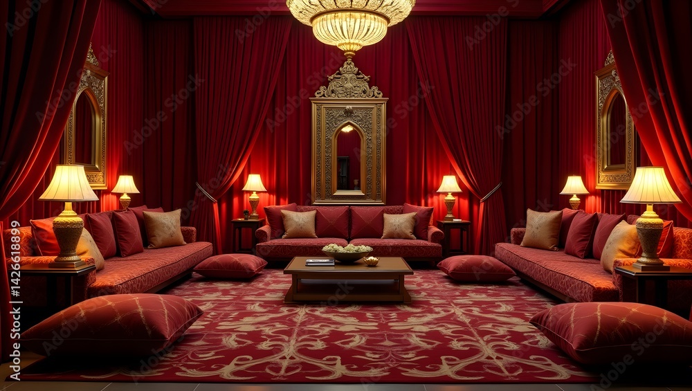 Arabian Nights-style room with velvet drapes and golden lamps.