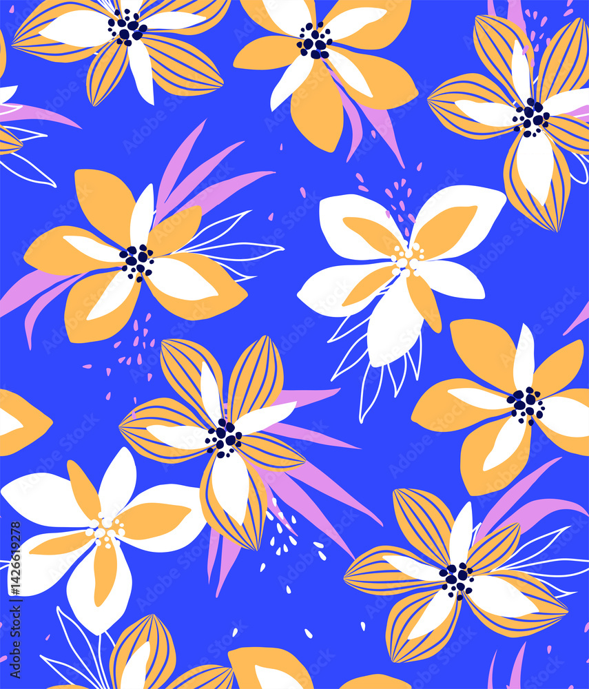 Obraz premium soft flower print. seamless background. blossom pattern on a light background with a wild flowers of different sizes artwork for tattoo, fabrics, souvenirs, packaging, greeting cards