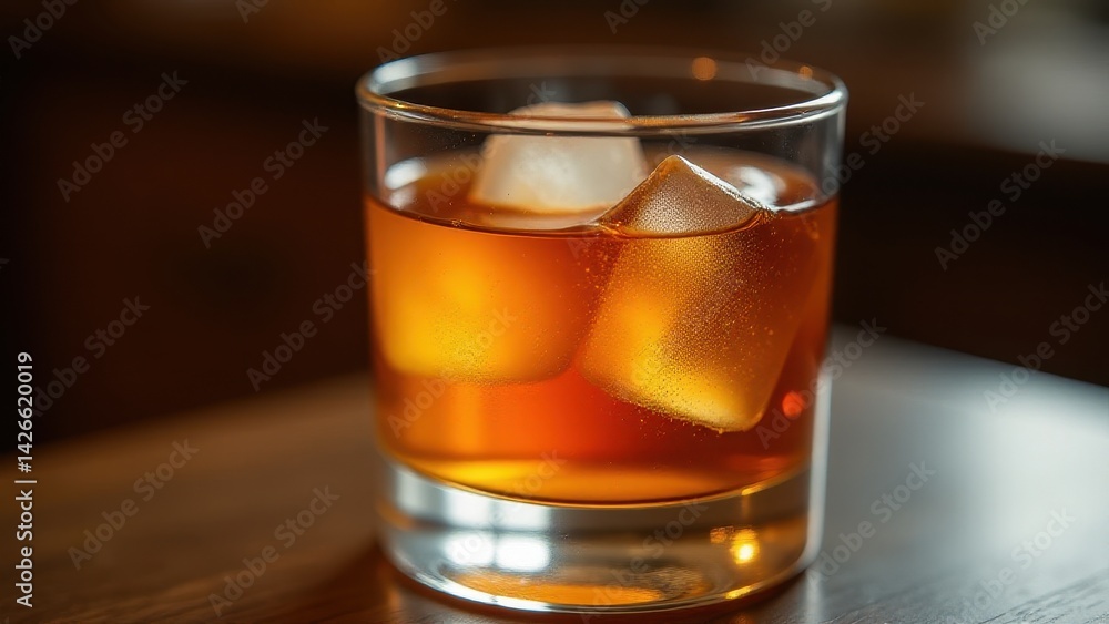 Classic amber cocktail with ice cubes in a lowball glass, served on a wooden bar surface in warm lighting, evoking simplicity, strength, and timeless elegance. Classic amber cocktail with ice cubes in a lowball glass, served on a wooden bar surface in warm lighting, evoking simplicity, strength, and timeless elegance.