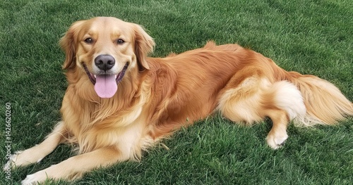 Golden Retriever lying on grass, happy, outdoors, sunny day, pet photography