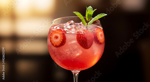 Refreshing strawberry cooler featuring ice and fresh mint, offering a fruity and invigorating beverage experience.