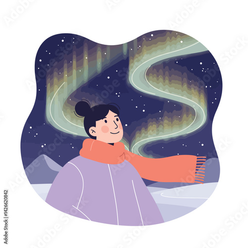 Woman enjoying northern lights in winter night sky wearing warm scarf and jacket vector illustration 