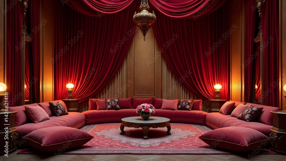 Arabian Nights-style room with velvet drapes and golden lamps.