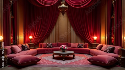 Obraz na płótnie Arabian Nights-style room with velvet drapes and golden lamps. w salonie