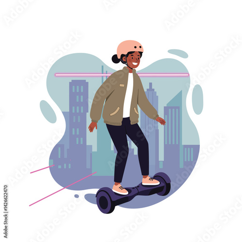 Young woman riding hoverboard in urban cityscape with modern buildings and safety helmet