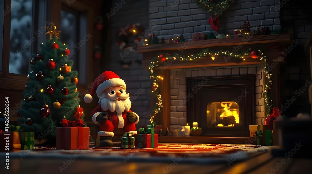 Cheerful Santa Claus Surrounded by Gifts in Cozy Christmas Setting Cheerful Santa Claus Surrounded by Gifts in Cozy Christmas Setting