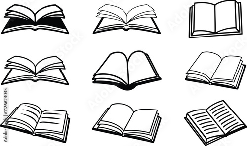 Book Line art silhouette vector set. academy  open book outline multipul style for your unique design.