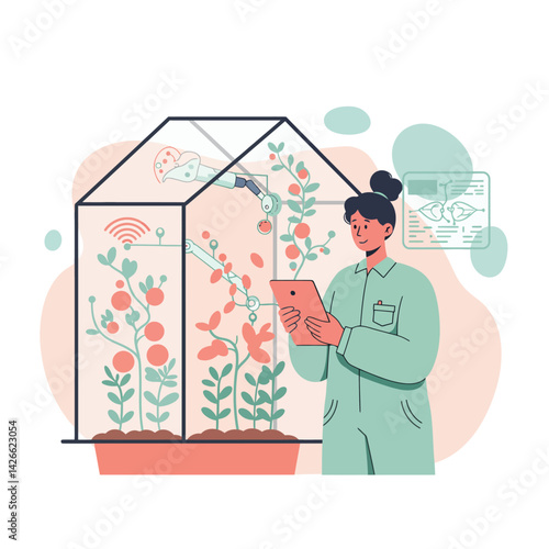Woman monitoring smart greenhouse plants using digital tablet with automated watering system vector illustration 