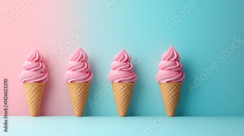 Pink ice cream cones in a row