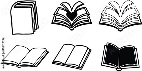 Book Line art silhouette vector set. academy  open book outline multipul style for your unique design.