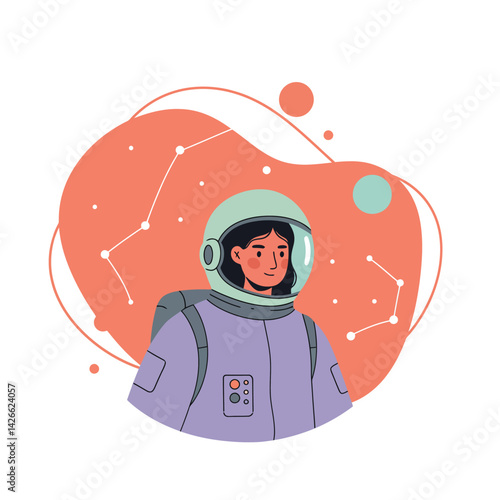 Female astronaut in space suit with constellation background vector illustration for science and space exploration themes