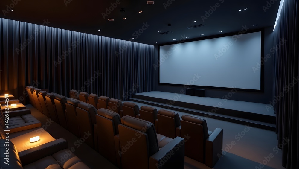 Home theater with recliner seats and giant screen.