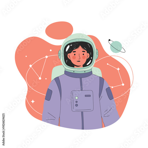 Female astronaut in space suit with cosmic background and constellation illustration vector art 