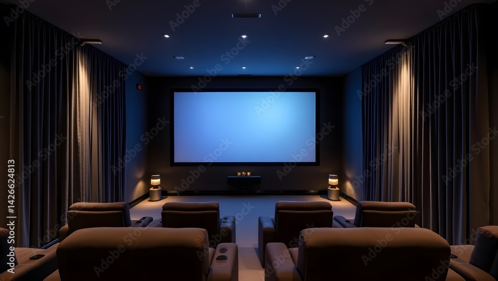 Home theater with recliner seats and giant screen.