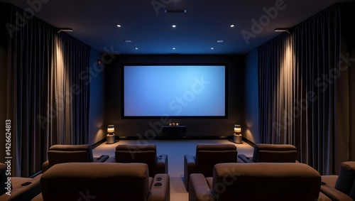 Home theater with recliner seats and giant screen.