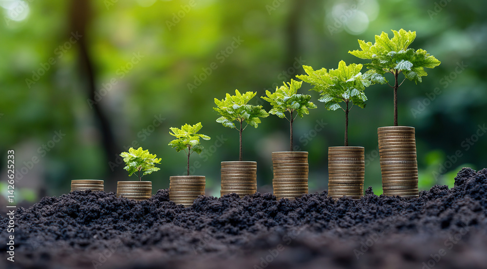 Coins and growing plants in soil. Financial concept
