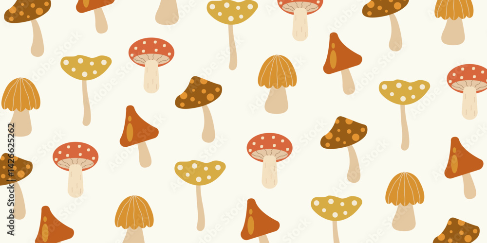 Whimsical mushroom pattern. Hand drawn fungi illustration seamless pattern background for presentations, wrapping papers, prints, artworks Whimsical mushroom pattern. Hand drawn fungi illustration seamless pattern background for presentations, wrapping papers, prints, artworks