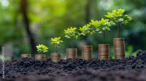 Obraz na płótnie Coins and growing plants in soil. Financial concept w salonie