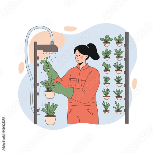 Woman watering plants with gloves in indoor garden vector illustration for plant care and home gardening activity 