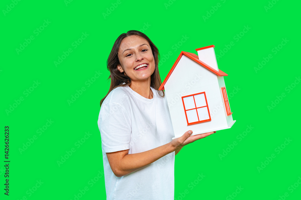 Smiling woman holding a model house in front of bright green background showing enthusiasm for real estate and home ownership Smiling woman holding a model house in front of bright green background showing enthusiasm for real estate and home ownership