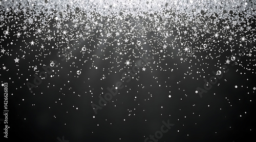 Horizontal silver glitter festive confetti isolated on transparent background. Silver glitter falling dust particles. Luxury confetti dots rain. Magic party border. Holiday decoration design