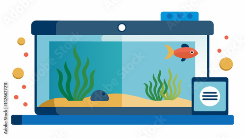 A custombuilt fish tank uses fingerprint recognition to ensure only the owner can access the feeding hatch.. Vector illustration