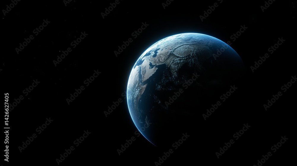 Obraz premium A 3D world map with a network connection, featuring glowing polygonal triangles and neon lines, set against a dark black background, symbolizing a futuristic concept for a website landing page