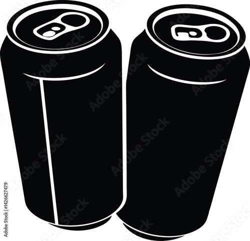 Two tall drink cans in black silhouette style with highlights and pull tabs, ideal for party, beverage, or soda advertising vector use