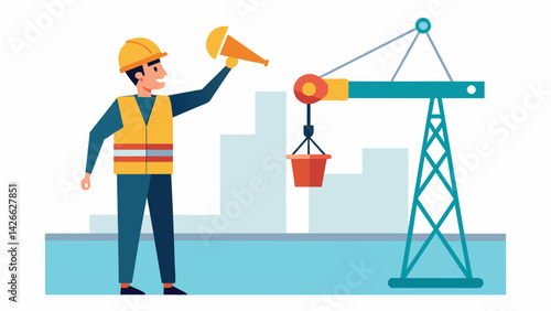 A worker using a bullhorn to give clear and direct instructions to the crane operator as they lower the load onto a designated spot.. Vector illustration