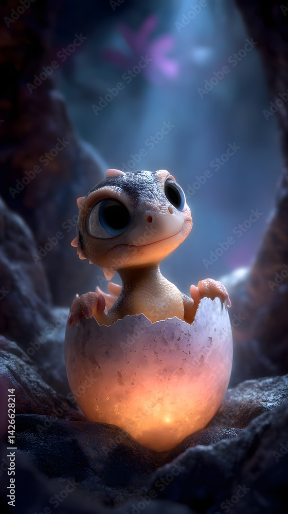 Hatching Wonder: Adorable Baby Dragon Emerging from a Fiery Egg